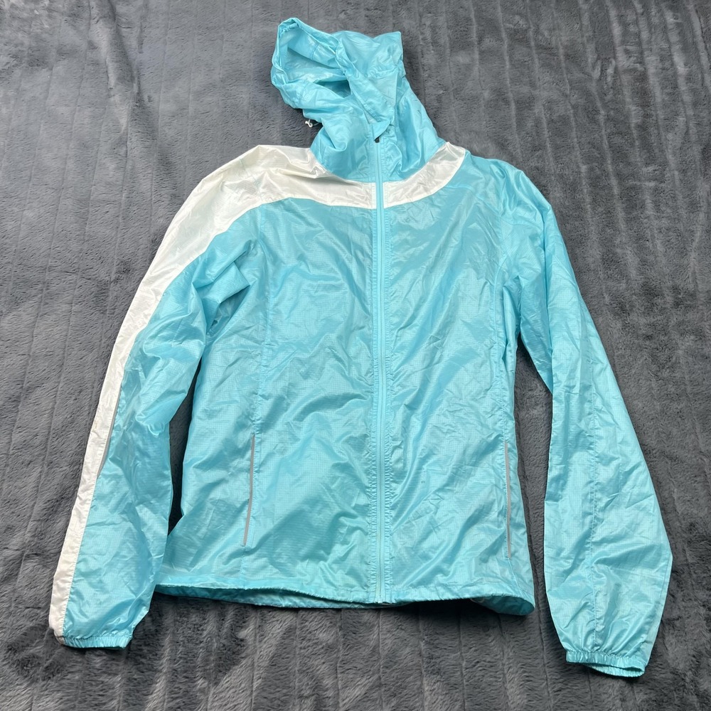 Brooks Women's L Shelter Technology Aqua White Hooded Running Windbreaker Jacket